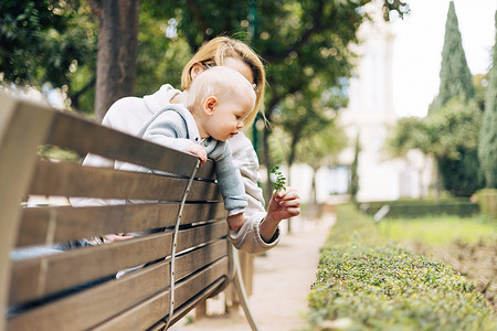 年轻的母亲带着她可爱的男婴，靠在木凳的后面，朝着城市公园的灌木丛，抱着和观察长着嫩叶的绿色植物，了解生活和自然。
