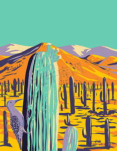 母婴海报设计摄影照片_吉拉啄木鸟在仙人掌国家公园亚利桑那州皮马县 WPA 海报艺术