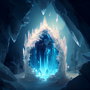 有蓝白色水晶的冰洞以有水晶的城堡的形式