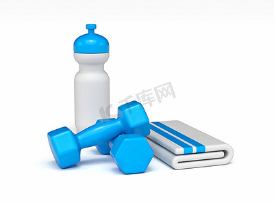 带毛巾和塑料水瓶的白色蓝色健身重量 3D