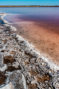 高盐摄影照片_高盐度 Kuyalnitsky 河口覆盖着自沉积盐的沿海石头，这是一场生态灾难