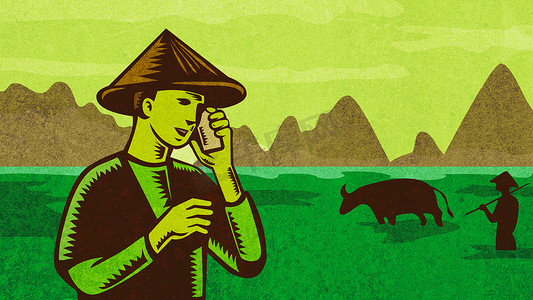 越南或东南亚农民用手机聊天复古