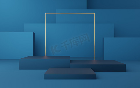 边框剪贴画摄影照片_空的蓝色立方体讲台，蓝色有金色边框和金色正方形