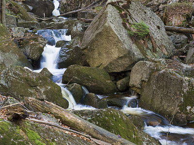 Jizerske hory 的长曝光瀑布、Jizera 山、捷克共和国 Cerny Stolpich 黑溪的森林、绿色苔藓石、蕨类植物和树木