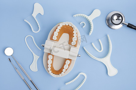 蓝色背景下的牙齿模型和仪器牙科。
