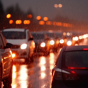 下雨天高速公路上的交通拥堵很严重，雨滴落在汽车玻璃上。