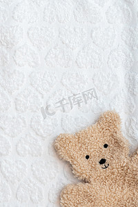 在白色背景的平的熊玩具与拷贝空间。