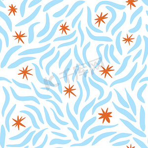 手绘无缝图案与白色背景上的橙色星形雪花蓝色波浪曲线线。