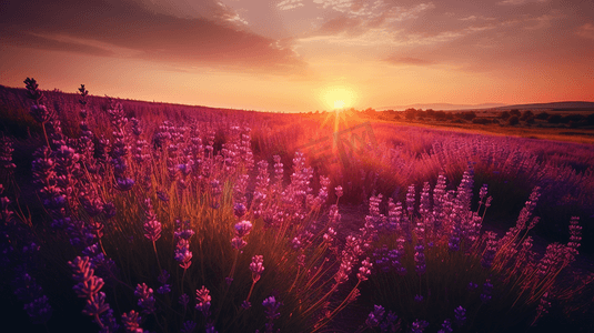 紫色花朵插画摄影照片_夕阳下暖光中的薰衣草插画