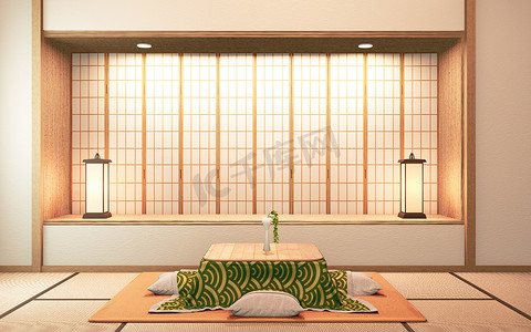 日本榻榻米摄影照片_kotatsu 矮桌和榻榻米垫上的枕头，房间 japan.3D redner