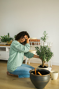 女园丁在地板上的陶瓷盆中移植绿色植物。