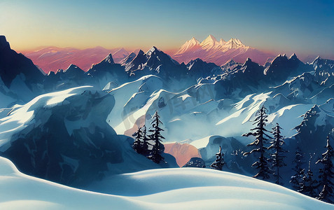 山，树，山中树，冬季景观，高品质二维插图中的山。