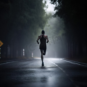 雨中的运动员赛跑者森林步道