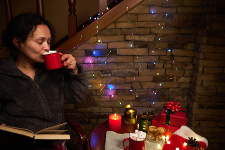 寒假阅读摄影照片_特写美女在圣诞节时在舒适的室内喝热巧克力和棉花糖