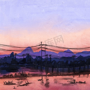 手绘紫色粉红色日落景观与水中倒影的插图。