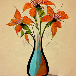 极简主义背景摄影照片_花瓶与春天橙色鲜花花束在极简主义的复古风格。