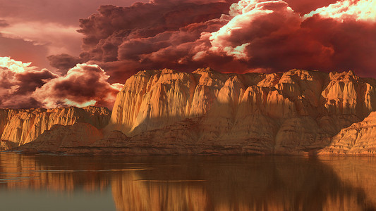 岩石、湖泊和云彩的虚幻景观。 