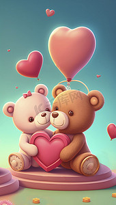 两只卡通熊肩并肩坐在一起，抱着一颗粉红色心形的光栅插图。