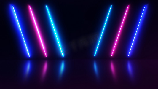 抽象的霓虹灯背景，带有五颜六色的光束，带有明亮的激光动画和反光地板。