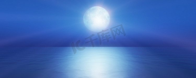 水中月亮摄影照片_满月在天空背景反射在海水中。 