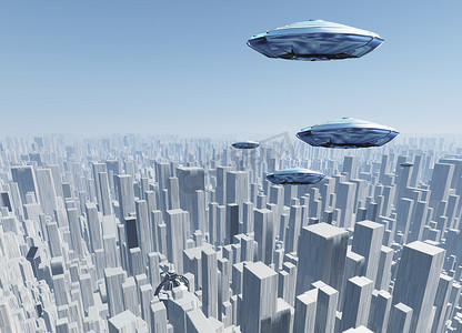 未来派大都市上空的飞碟