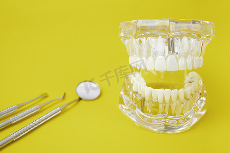 应急设备摄影照片_在黄色背景上的牙齿模型和仪器牙科。