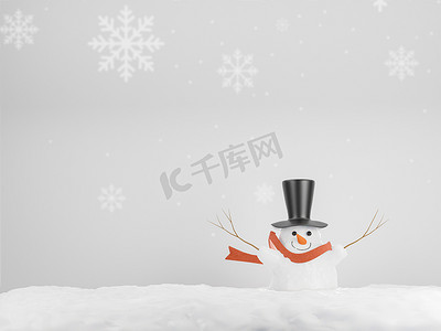 装饰元素卡通摄影照片_雪人 3d 渲染角色，开朗的白色雪人，戴着针织帽和围巾，白色背景上的卡通插图。