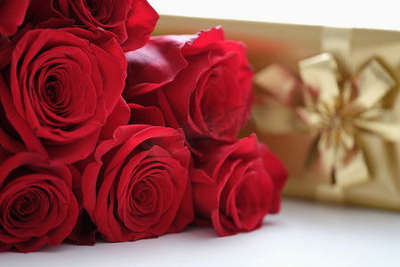 白桌上新鲜的红玫瑰和金色礼盒