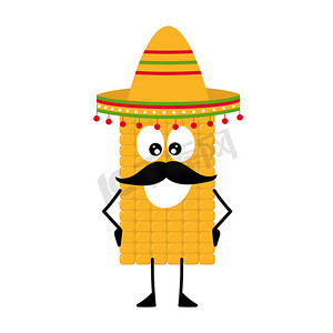 矢量吉祥物、卡通人物和戴着阔边帽的小胡子玉米的插图