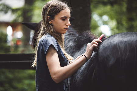 年轻的白人女孩照顾她的马，用刷子刷他的皮毛