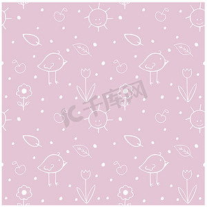 淡紫色和粉红色的无缝儿童背景，带有儿童涂鸦插图，包括一只鸟、一朵轮廓分明的花、一根树枝、一个欢快的太阳。