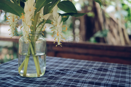 桌上装饰的玻璃瓶中的白花和绿叶