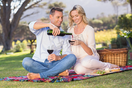 一对微笑的夫妇坐在野餐毯上，往玻璃杯里倒酒