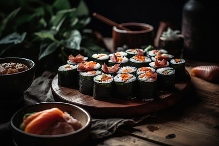 寿司卷，放在传统的日本拼盘上。