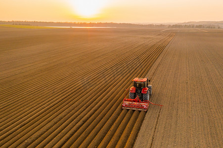 日落时在农田工作以避免粮食危机的红色拖拉机
