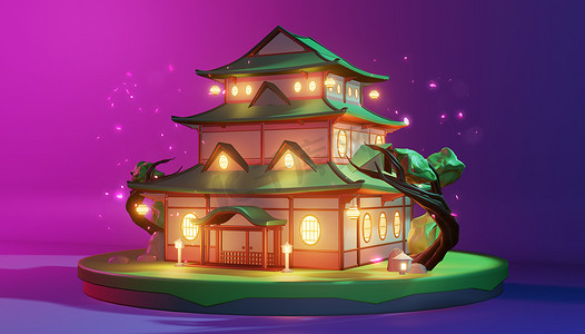 Low Poly - 紫蓝色背景中岛上的日式房屋 .3