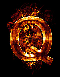 q，带有镀铬效果的字母插图和 b 上的红火