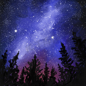 手绘山风景摄影照片_森林木山丘陵、黎明林地中夜星的手绘插图。