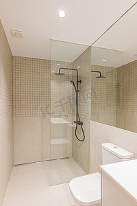 带淋浴区、雨淋头、手持花洒和玻璃隔断的现代简约浴室。