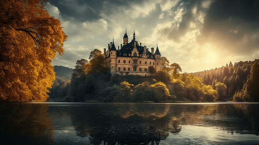 坐落在树木环绕的湖面上的一座城堡