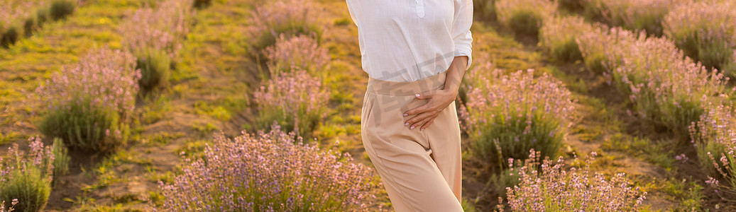 美丽的年轻健康女性，身着白色裙子，在夕阳的光芒下，拿着一顶草帽，快乐地穿过薰衣草田