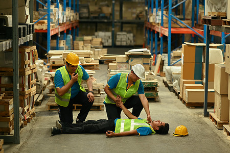 两名产业工人正在帮助受伤的人急救躺在水泥地上失去知觉的人