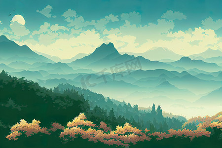 手绘自然插图与山和森林