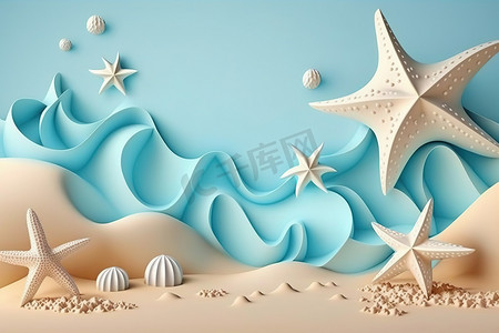 3D 海滩场景背景与海星和贝壳。