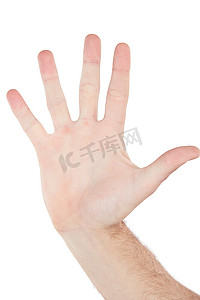 用手语、交流和停止警告的白色背景特写手、手掌和高五。