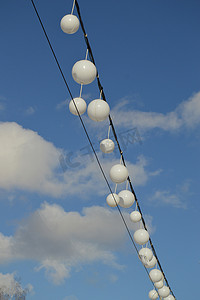 白色花环气球在蓝天和云彩的风中摇摆，宁静的风景，垂直，射击