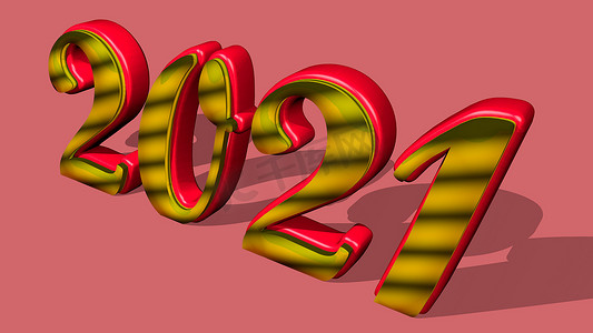 文字排版设计摄影照片_带有粉红色背景的 3D 纯金色、纯色闪亮文字“2021”。