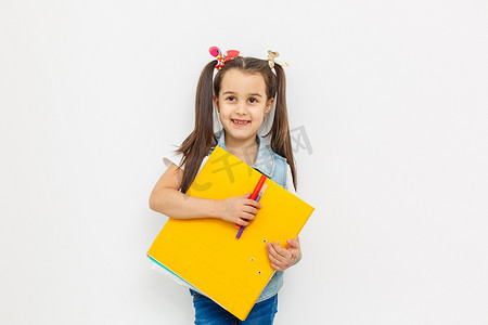 一个长着两条尾巴的可爱小女孩，手里拿着一个夹着文件的文件夹。