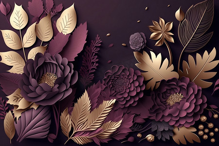 3d 纸花和树叶背景为李子、紫罗兰和金色，花卉植物壁纸
