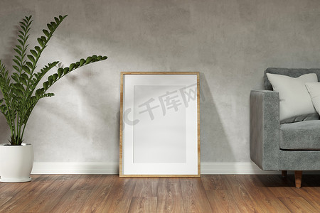 展会墙样机摄影照片_带植物和木地板的空白色房间的样机框架。